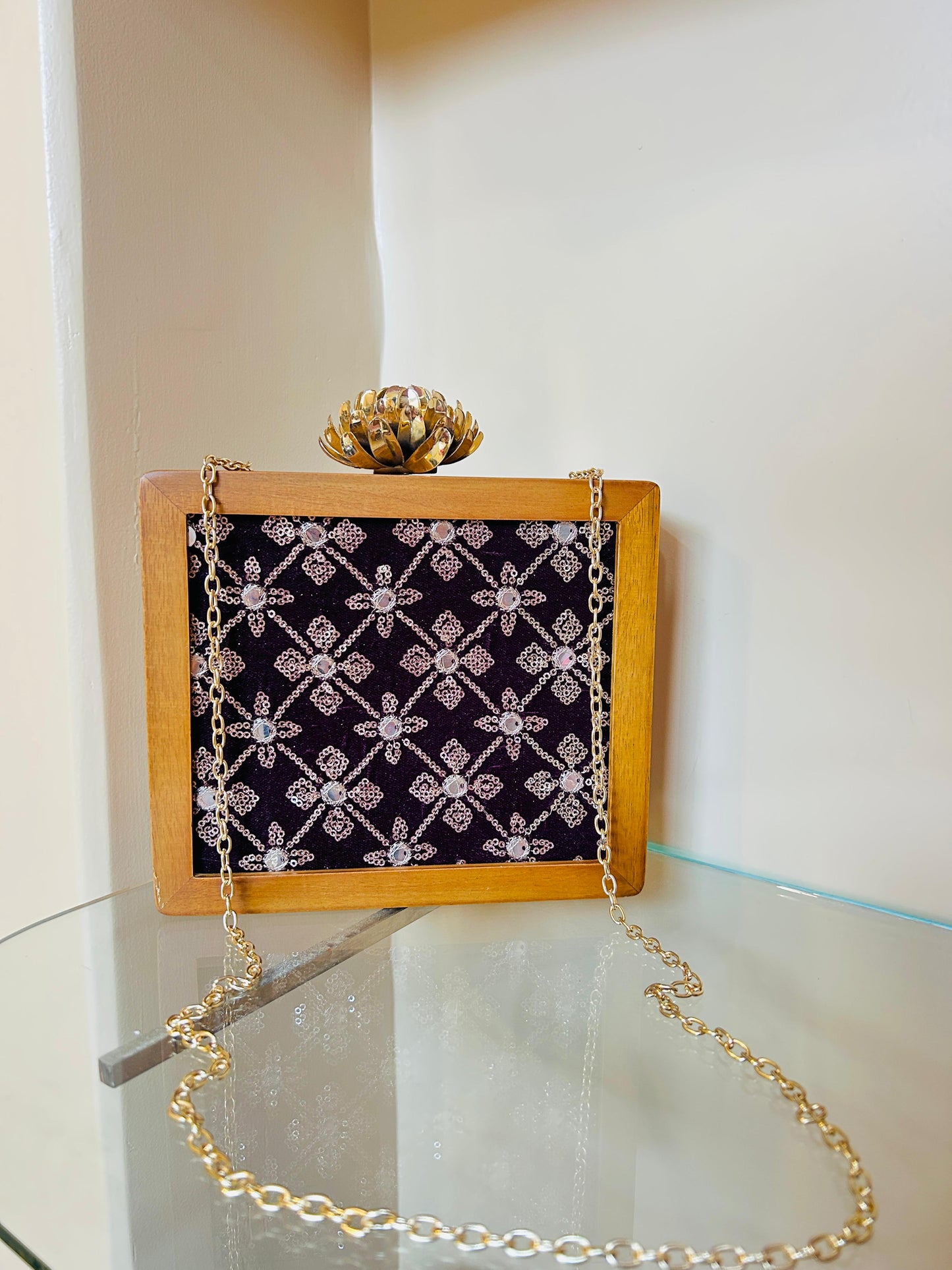 Zari Embroidery Wooden Clutch