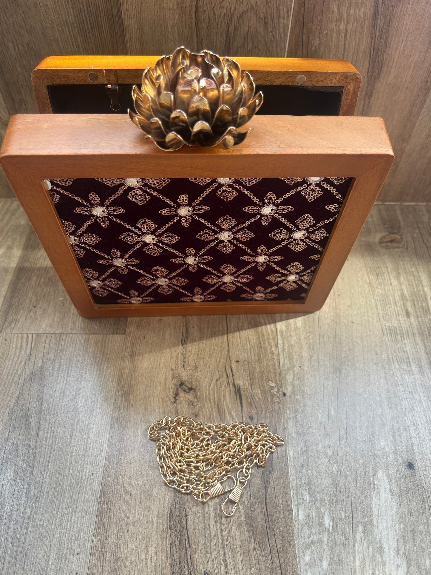 Zari Embroidery Wooden Clutch