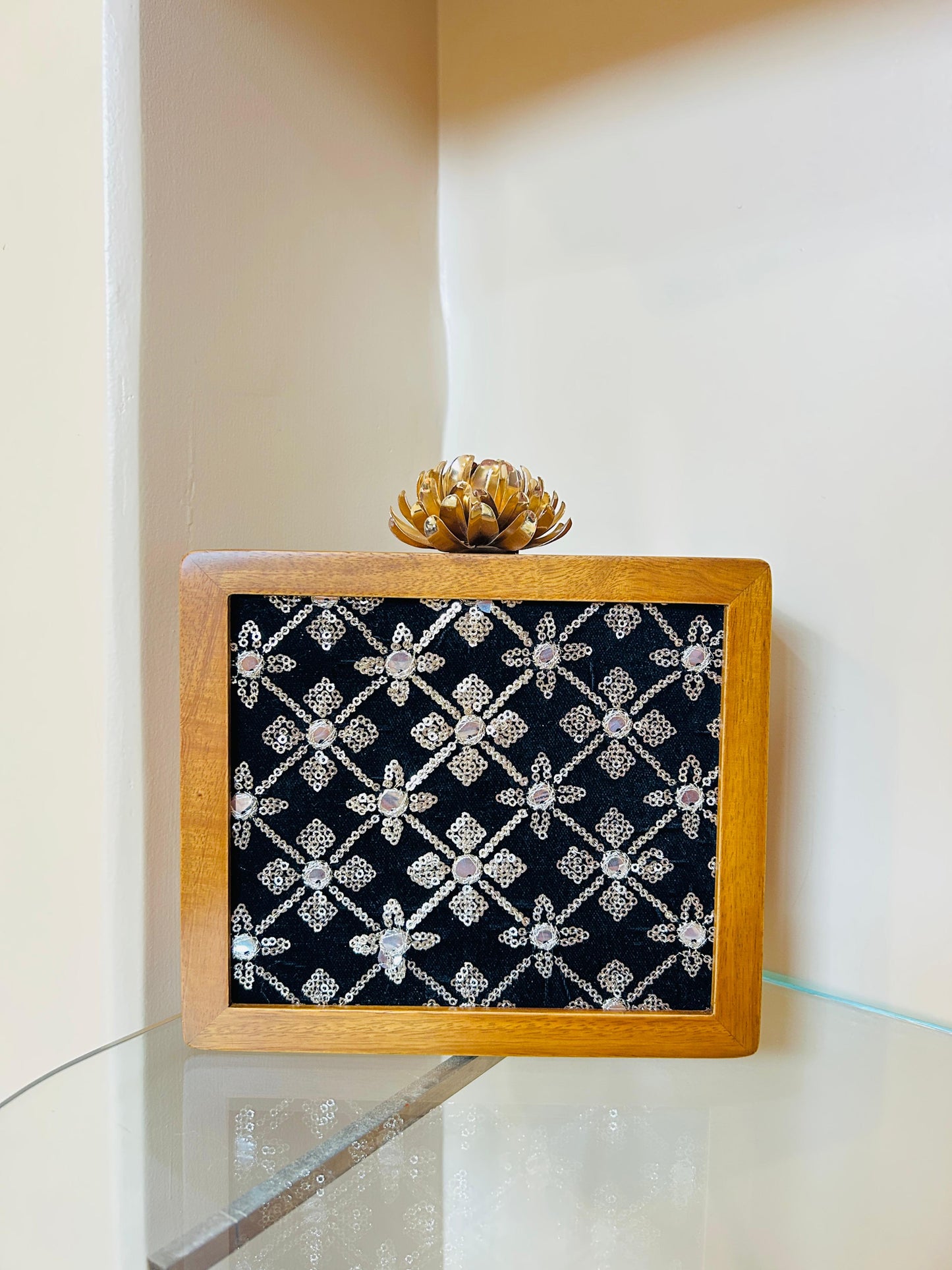 Zari Embroidery Wooden Clutch