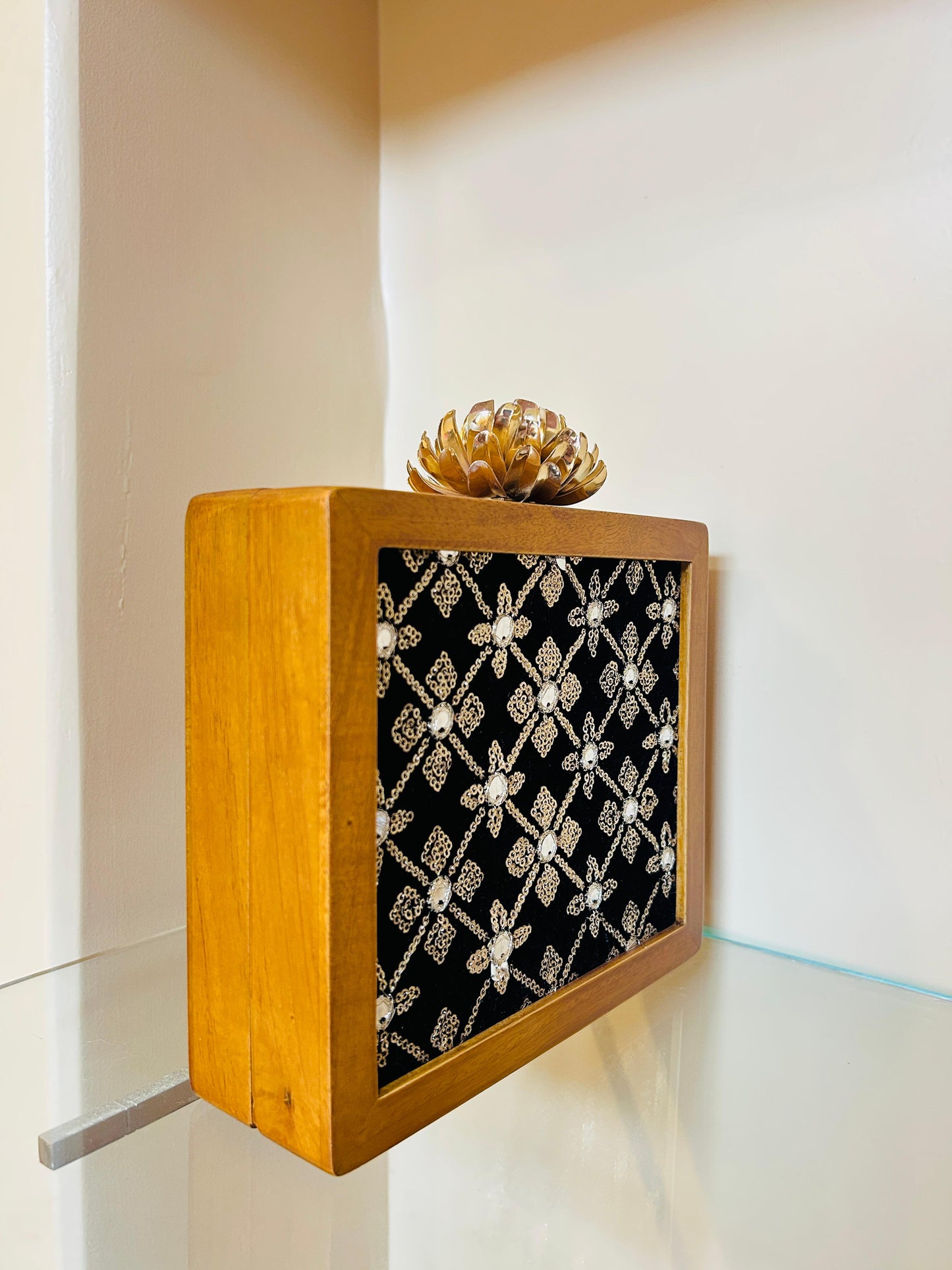 Zari Embroidery Wooden Clutch